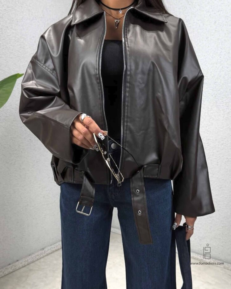 استایل قهوه ای کت چرم کمربند دار منسی