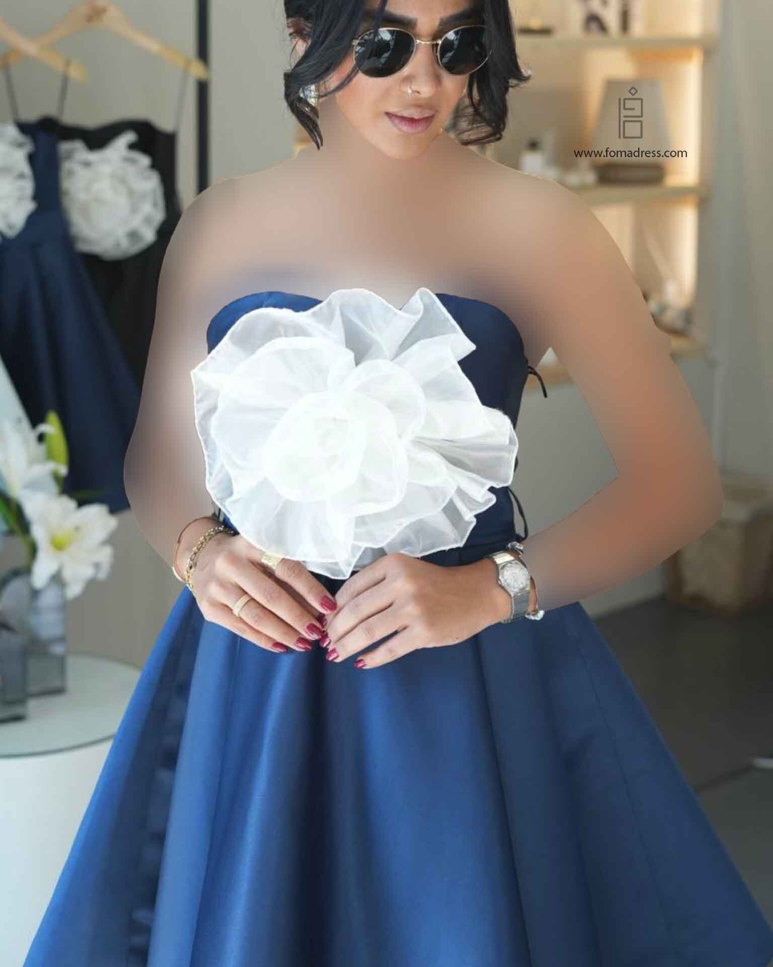  رنگ سرمه ای با گل سفید پیراهن دکلته مجلسی رز 