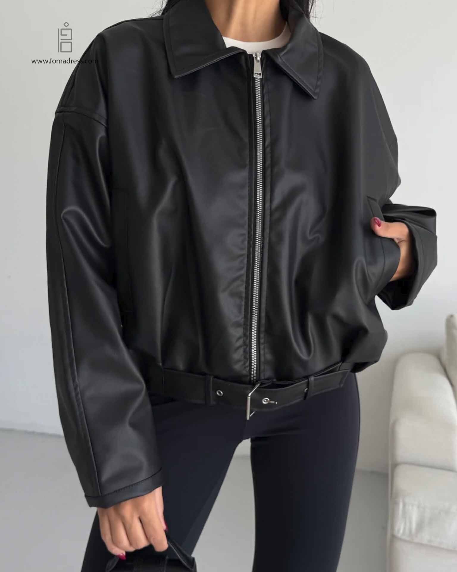  کت چرم کمربند دار منسی با زیپ بسته 