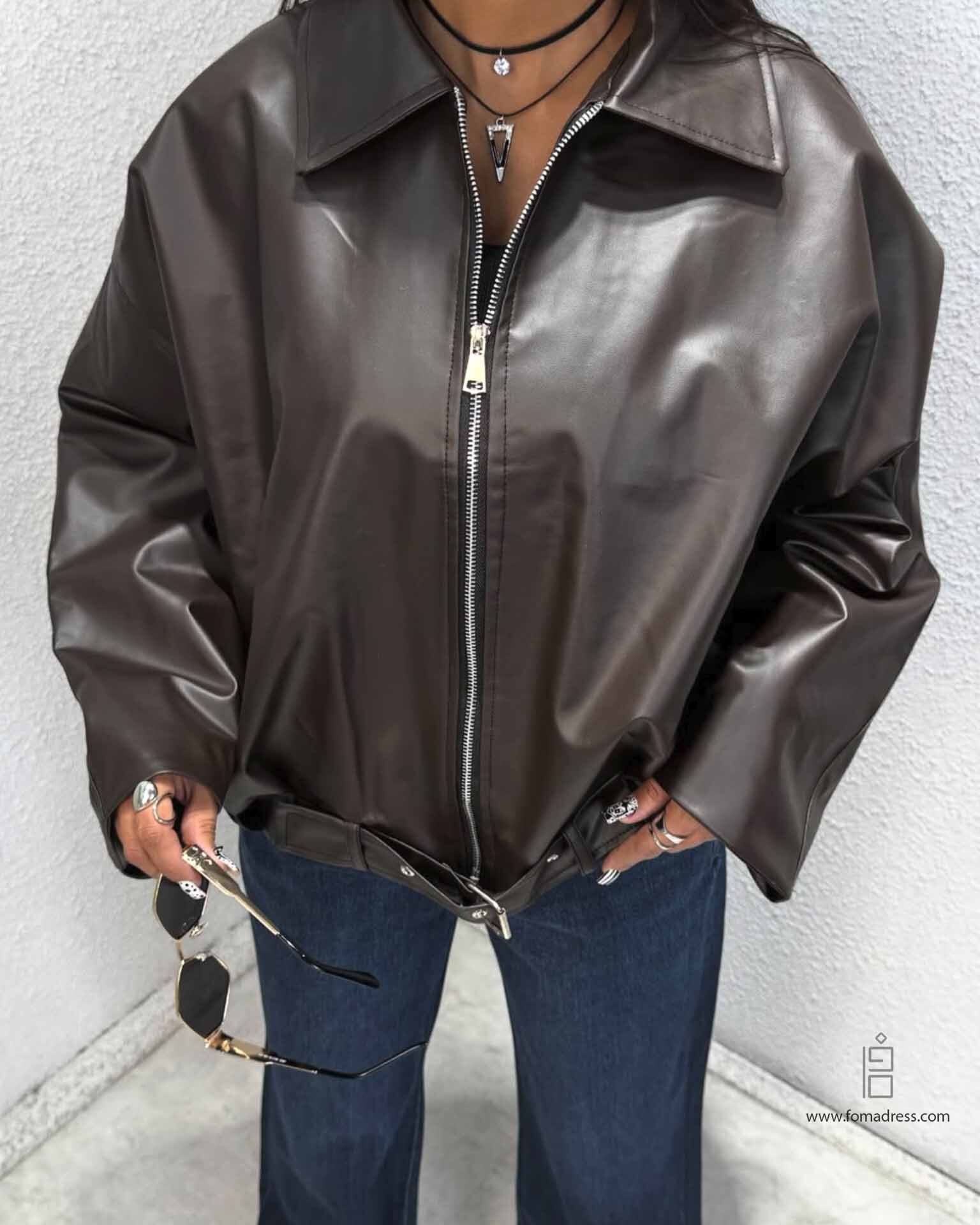  کت چرم کمربند دار منسی 