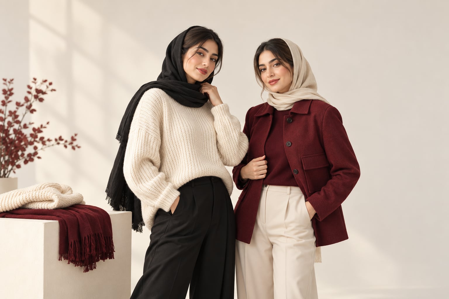 الهام استایل پاییزی فما آف با بافت روشن، کت زرشکی و شال زنانه