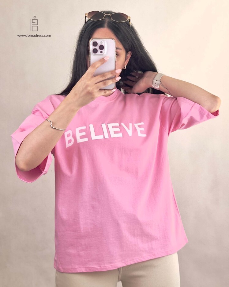مدل صورتی تیشرت باکسی طرح Believe