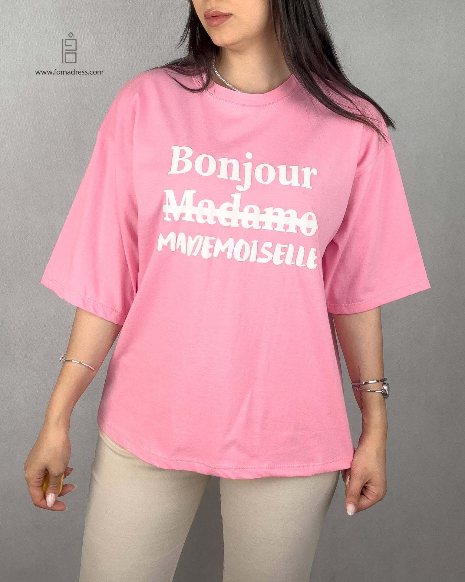 صورتی تیشرت باکسی طرح Bonjour