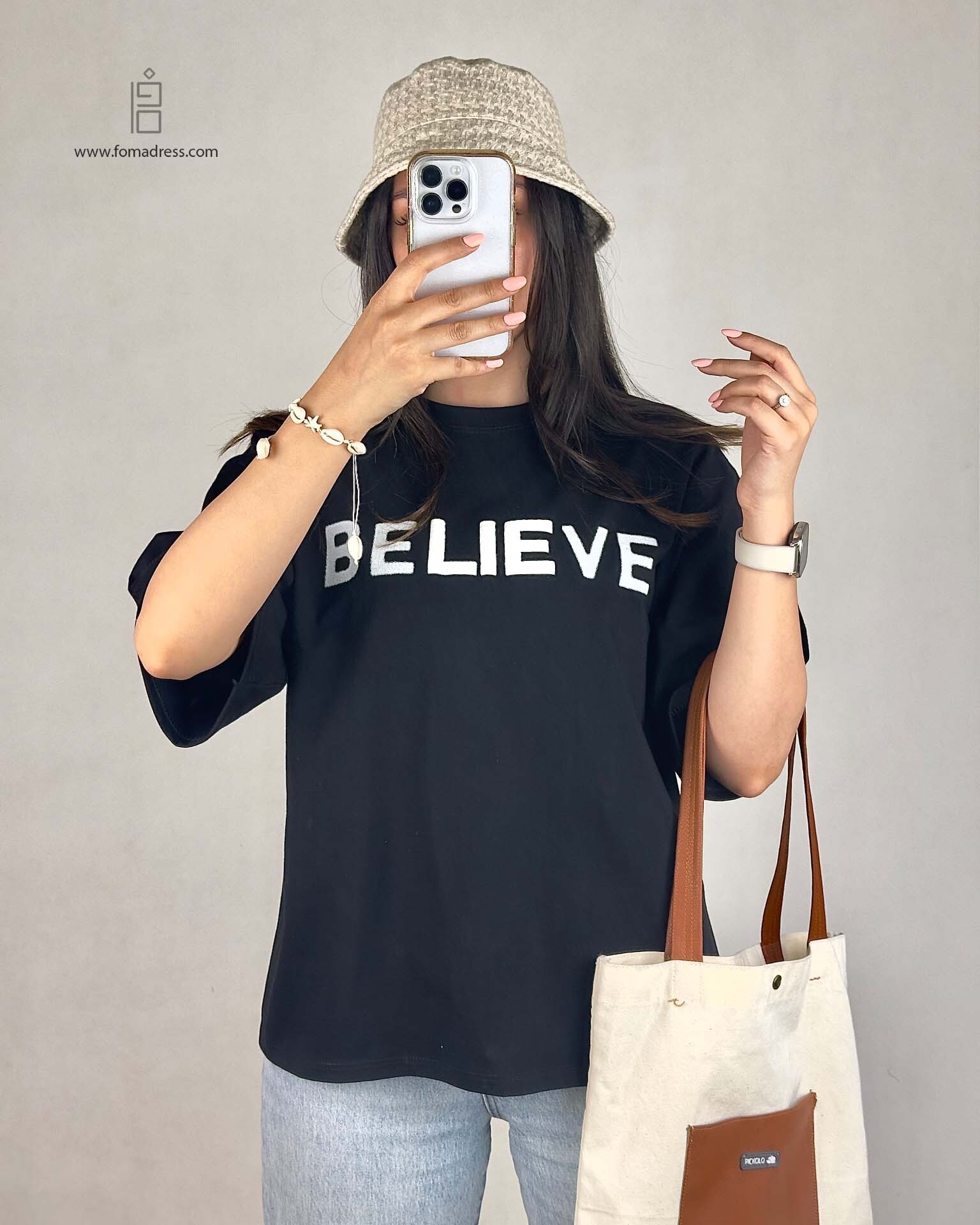 استایل مشکی تیشرت باکسی طرح Believe