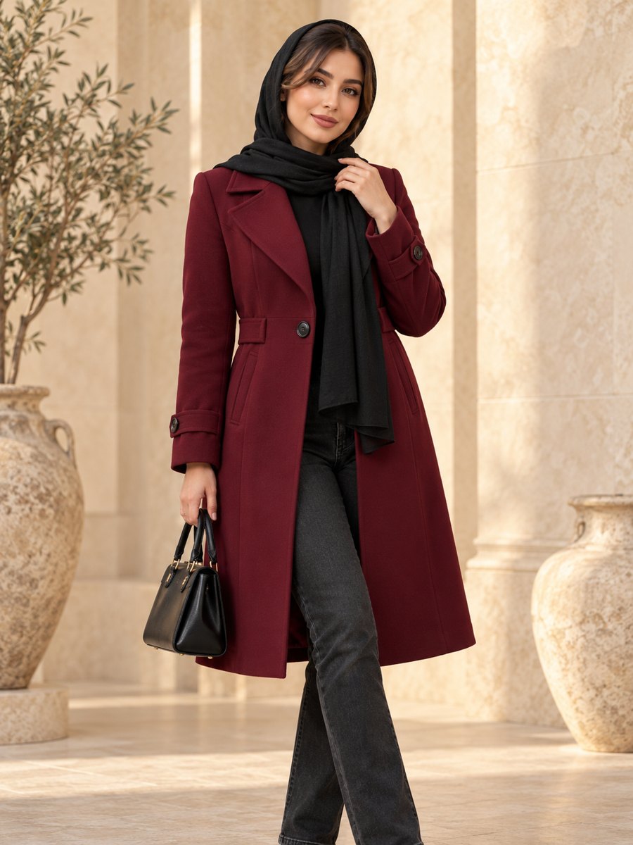 ایده استایل پاییزی با کت زرشکی، شال مشکی و شلوار جین