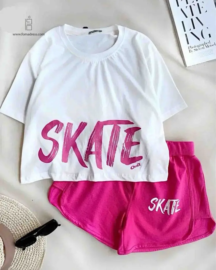 ست کراپ و شلوارک اسکیت صورتی